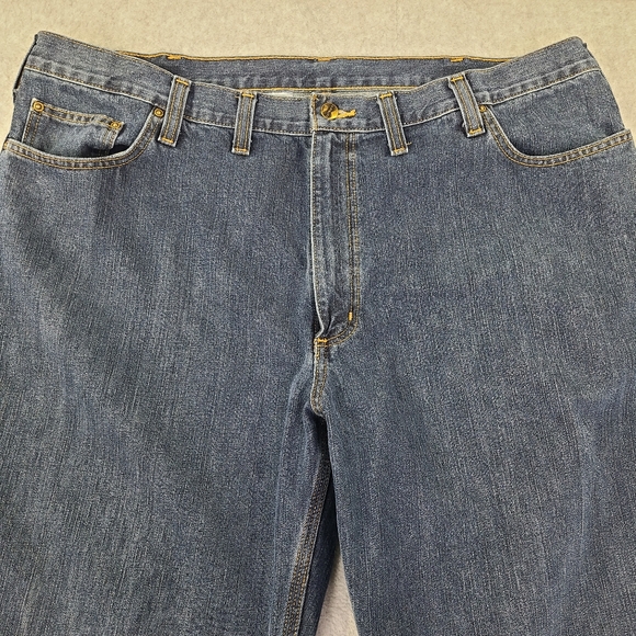 Carhart Men's Blue Denim Jeans Big Relaxed Fit Work Pants 44x32 Leg Hems Clipped - Picture 2 of 16